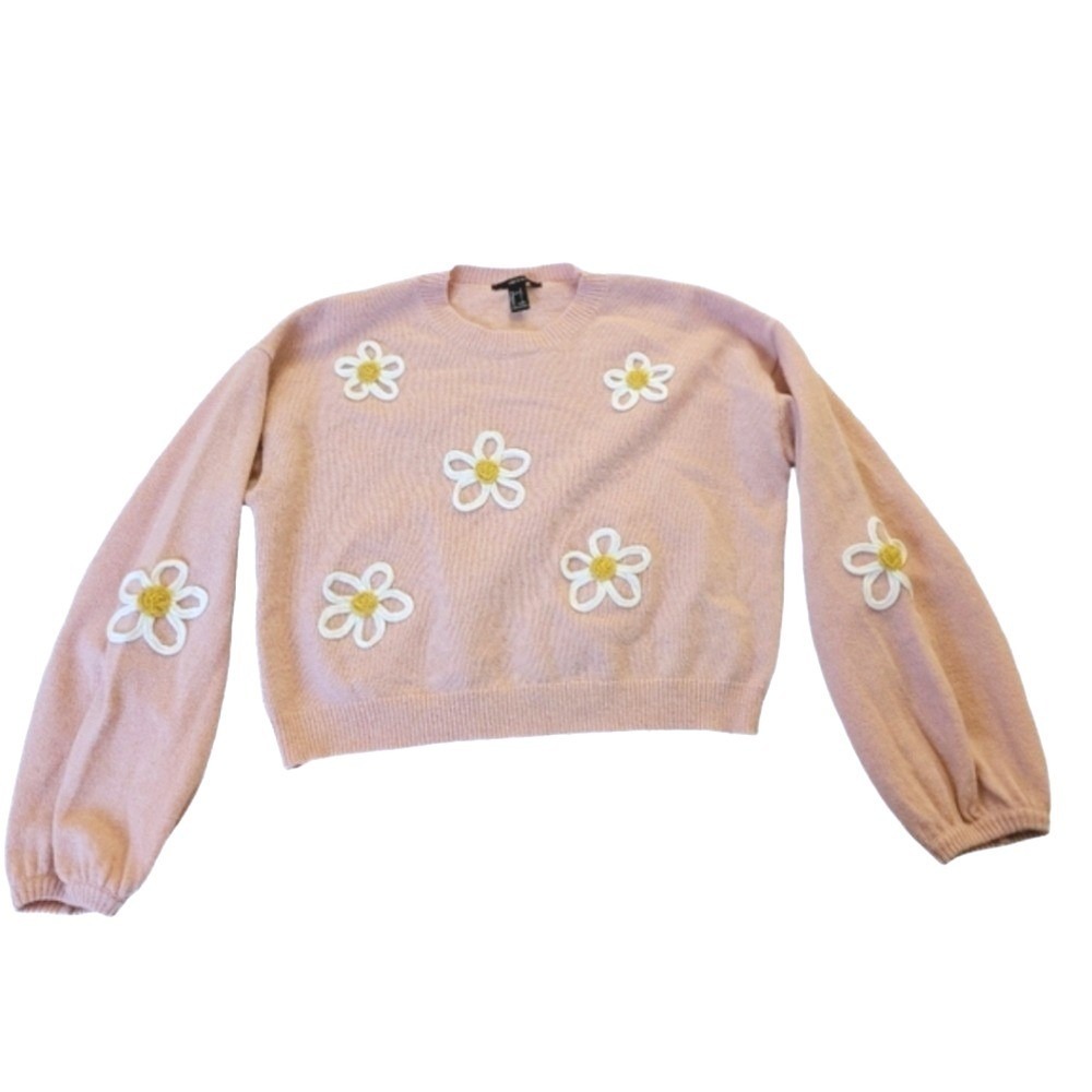 Forever 21 Womens Pink Daisy Floral Embellished Crewneck Knit Sweater Large